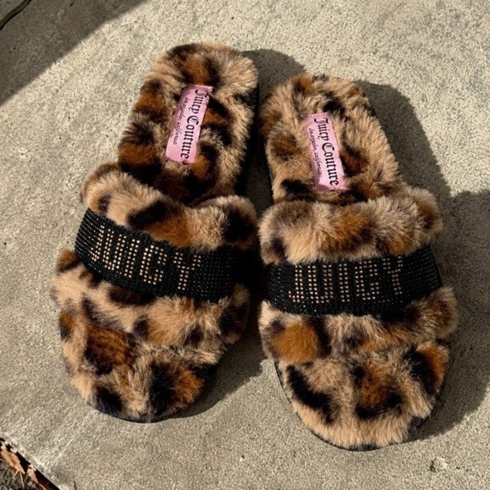 Juicy Couture Leopard Faux Fur Slide Slippers Women's S 5/6 Cozy Y2K